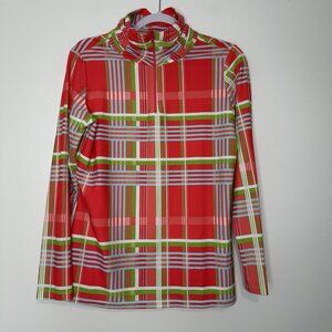 Jude Connally Ashley 1/4 Zip Island Coral Plaid Top Size L Ruched Mock Neck